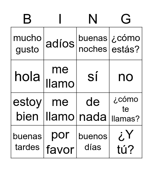 Spanish Greetings Bingo Card