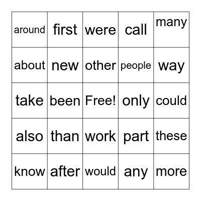 Sight Word Bingo Card