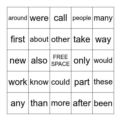 Sight Word Bingo Card