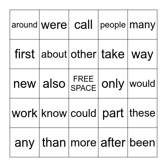 Sight Word Bingo Card