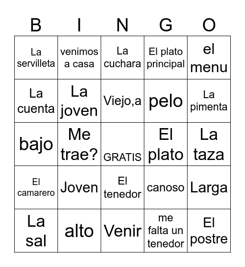 Realidades 1 5B Bingo Card