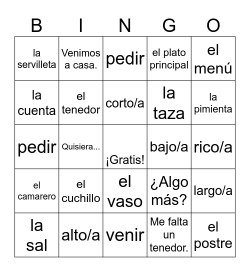 Realidades 1 5B Bingo Card