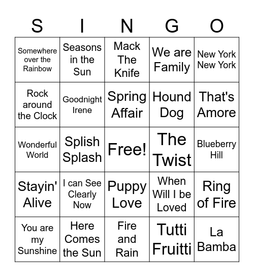 Spring Music Bingo Card