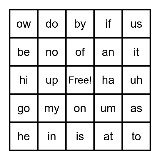 Two Letter Word Bingo Card