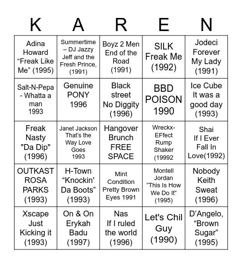 Hip Hop & R&B Bingo Card