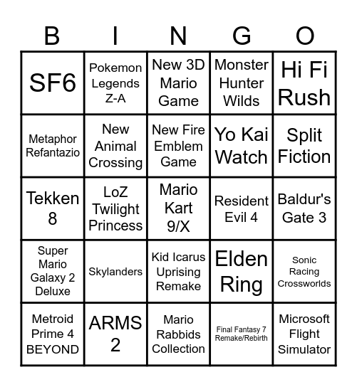 2024 Switch 2 Bingo Card Bingo Card
