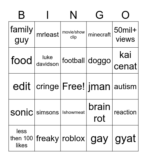 youtube shorts bingo Card