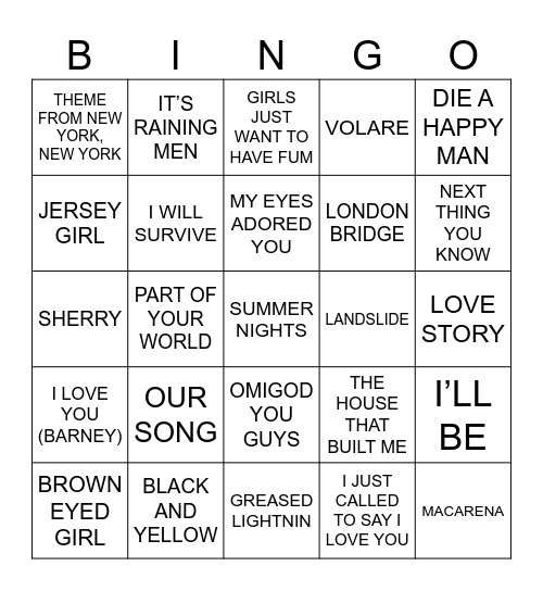 Brianna's Music Bingo Card
