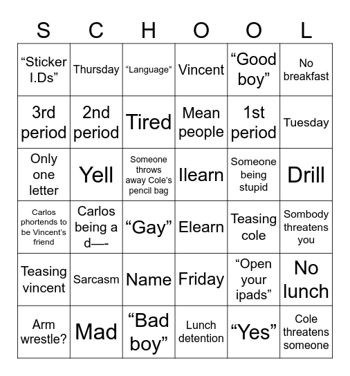 Cole and Vincent {in school} Bingo Card