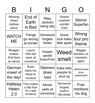 Singers Tour! Bingo Card