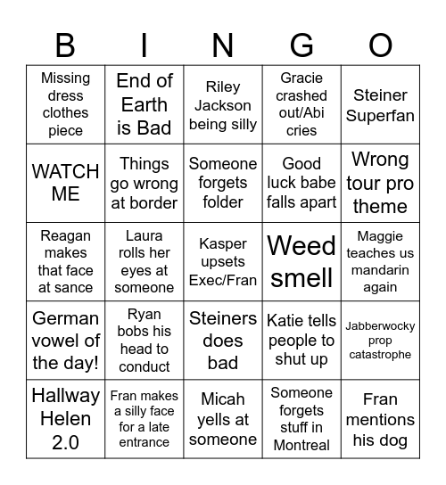 Singers Tour! Bingo Card