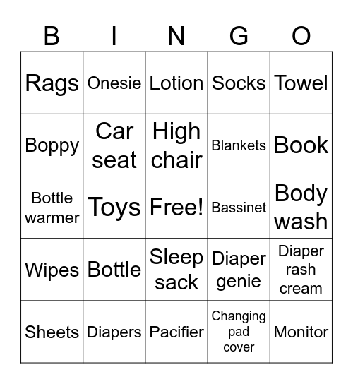 Baby Shower BINGO Card