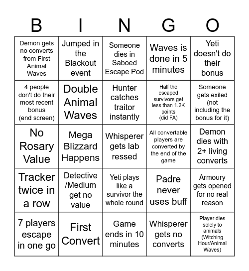 Project Winter Bingo 2 Bingo Card