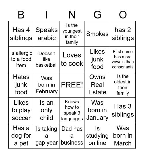 Get to know you Bingo Card