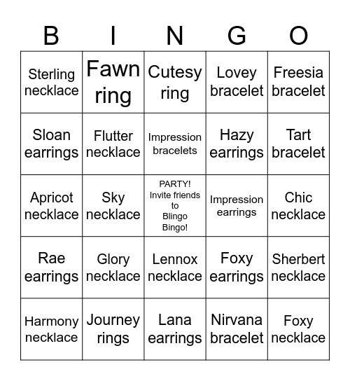 Park Lane Blingo Bingo! Bingo Card