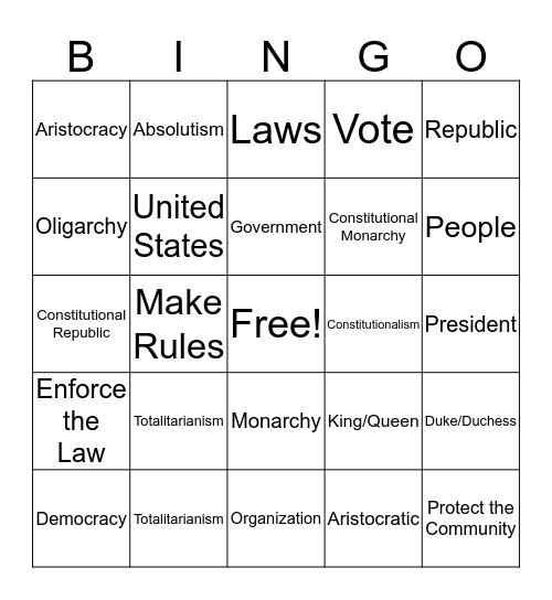 Forms of Government Bingo Card