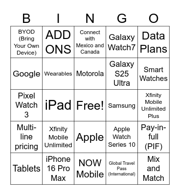 Xfinity And Beyond Bingo Card