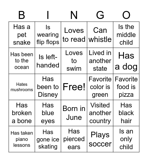 Getting to Know You! Bingo Card