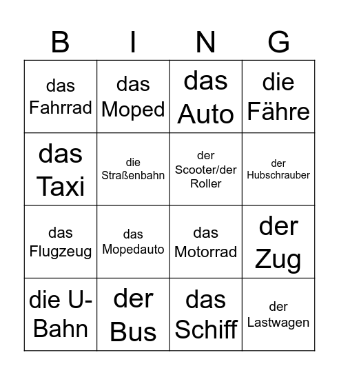 Plan D 1-2: Lektion 4, Kulkuvälineitä Bingo Card