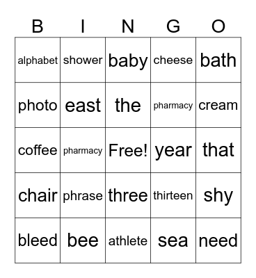EE, EA, E-E, Y BINGO Card