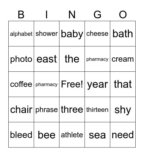 EE, EA, E-E, Y BINGO Card