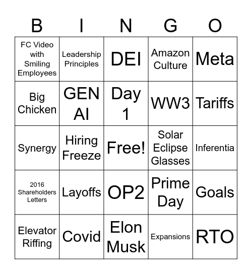 Amazon Bingo Card