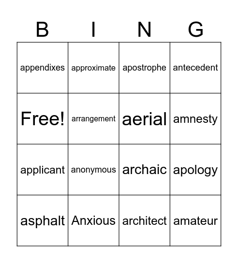 High Spelling Bingo Card