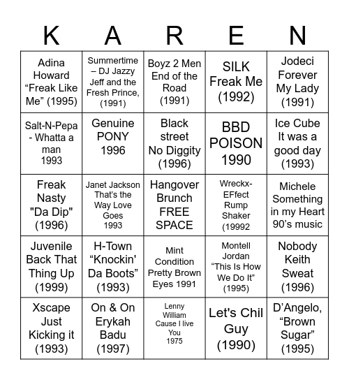 Hip Hop & R&B Bingo Card