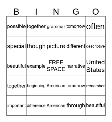 Spelling Bingo! Bingo Card