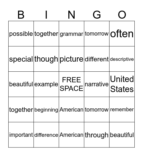 Spelling Bingo! Bingo Card