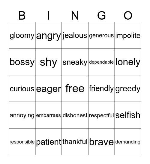 traits & feelings Bingo Card