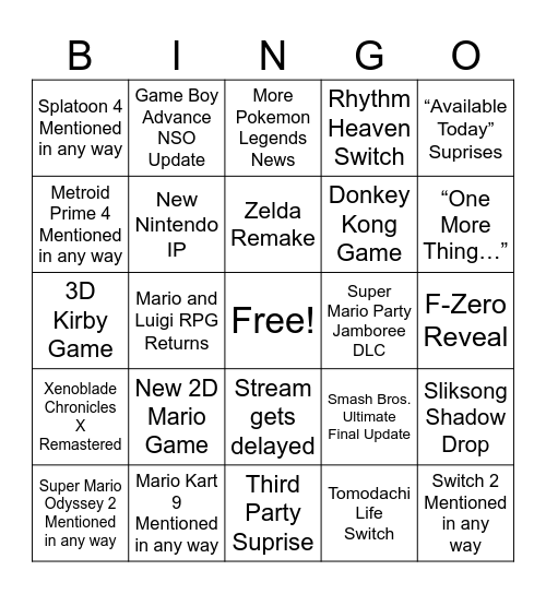 2025 Nintendo Direct Bingo Card