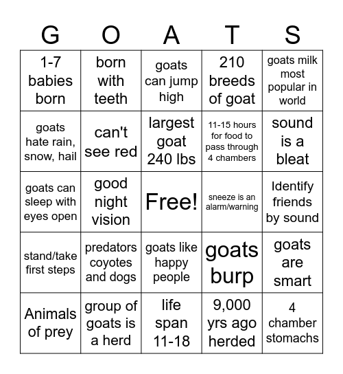 GOATS Bingo Card