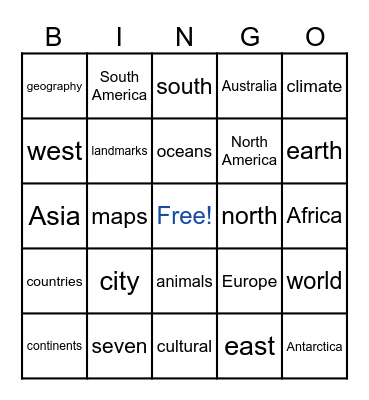 7 Continents Bingo Card