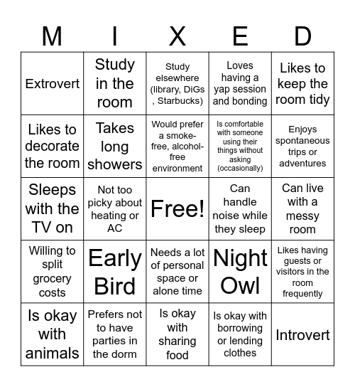 Roommate Mixer Bingo Card
