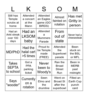 LKSOM Class of 2025 Bingo Card