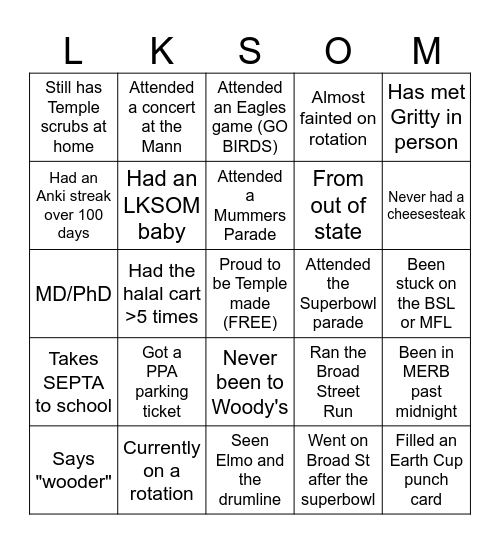 LKSOM Class of 2025 Bingo Card
