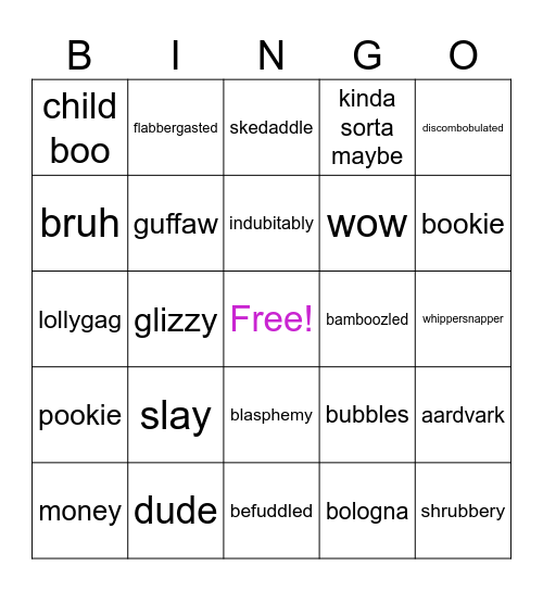 Favorite Words Bingo Card