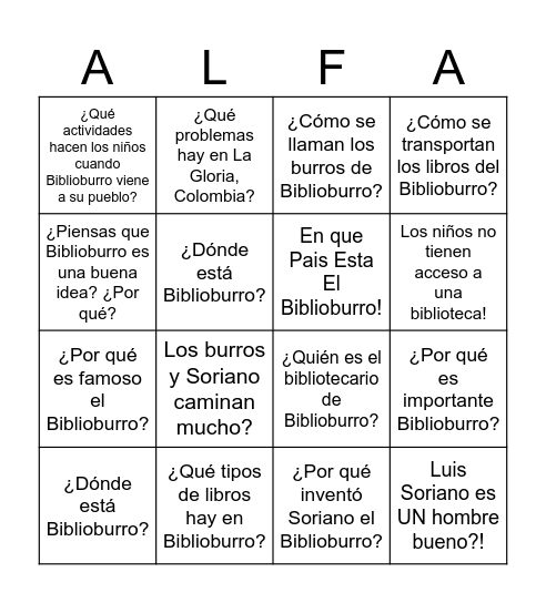 Biblioburro Bingo Card