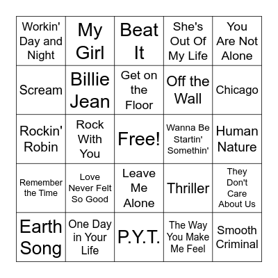 Michael Jackson Bingo Card