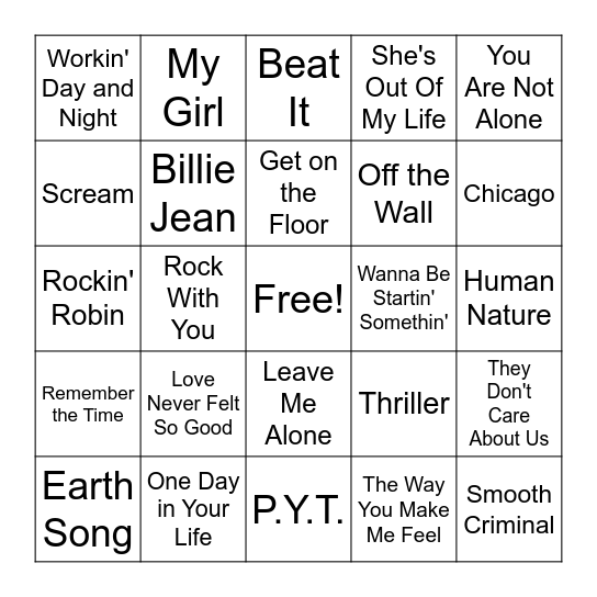 Michael Jackson Bingo Card