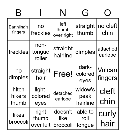 Genetic Traits Bingo Card