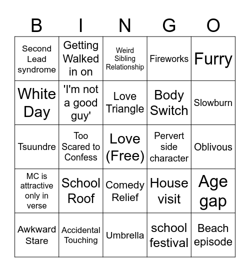 Romance Anime Bingo Card
