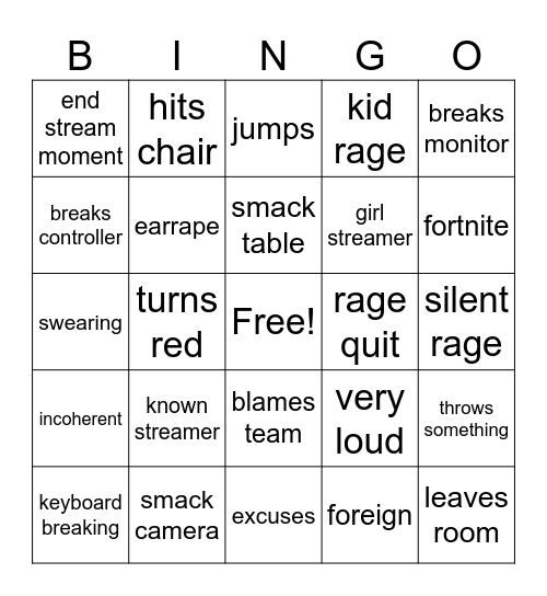 gamer rage bingo Card