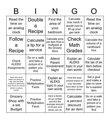 Family Math Time Bingo Card