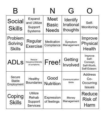 Treatment Goals Bingo Card
