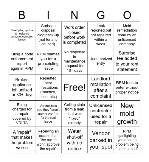 RPM Maintenance Bingo Card