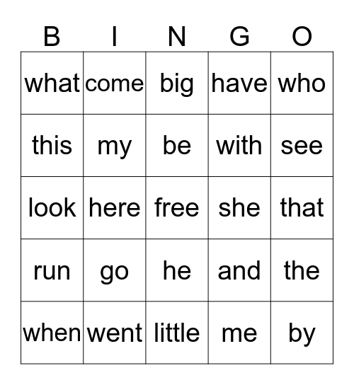 sight words  Bingo Card