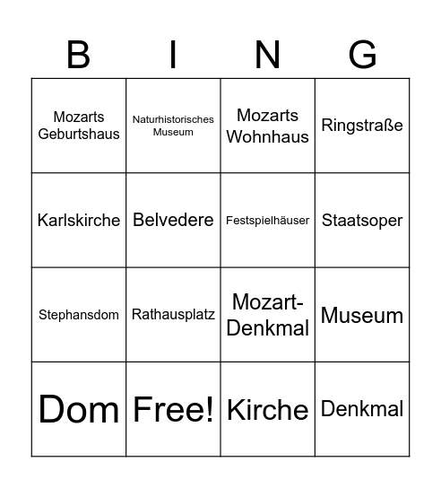 Sehenswürdigkeiten in Österreich Bingo Card
