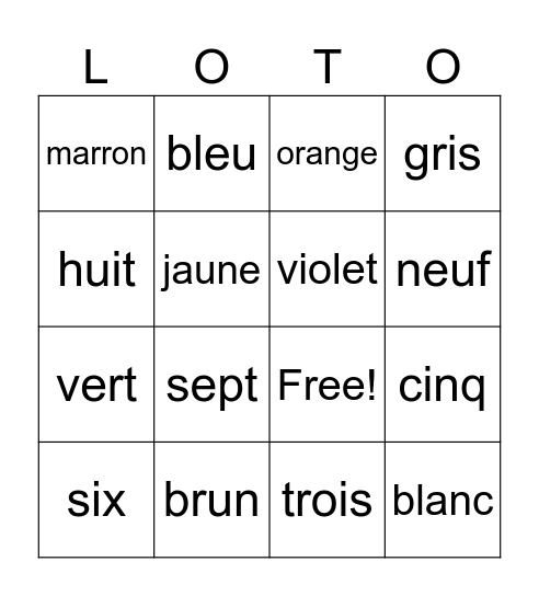 Les Couleurs et Les Nombres Bingo Card